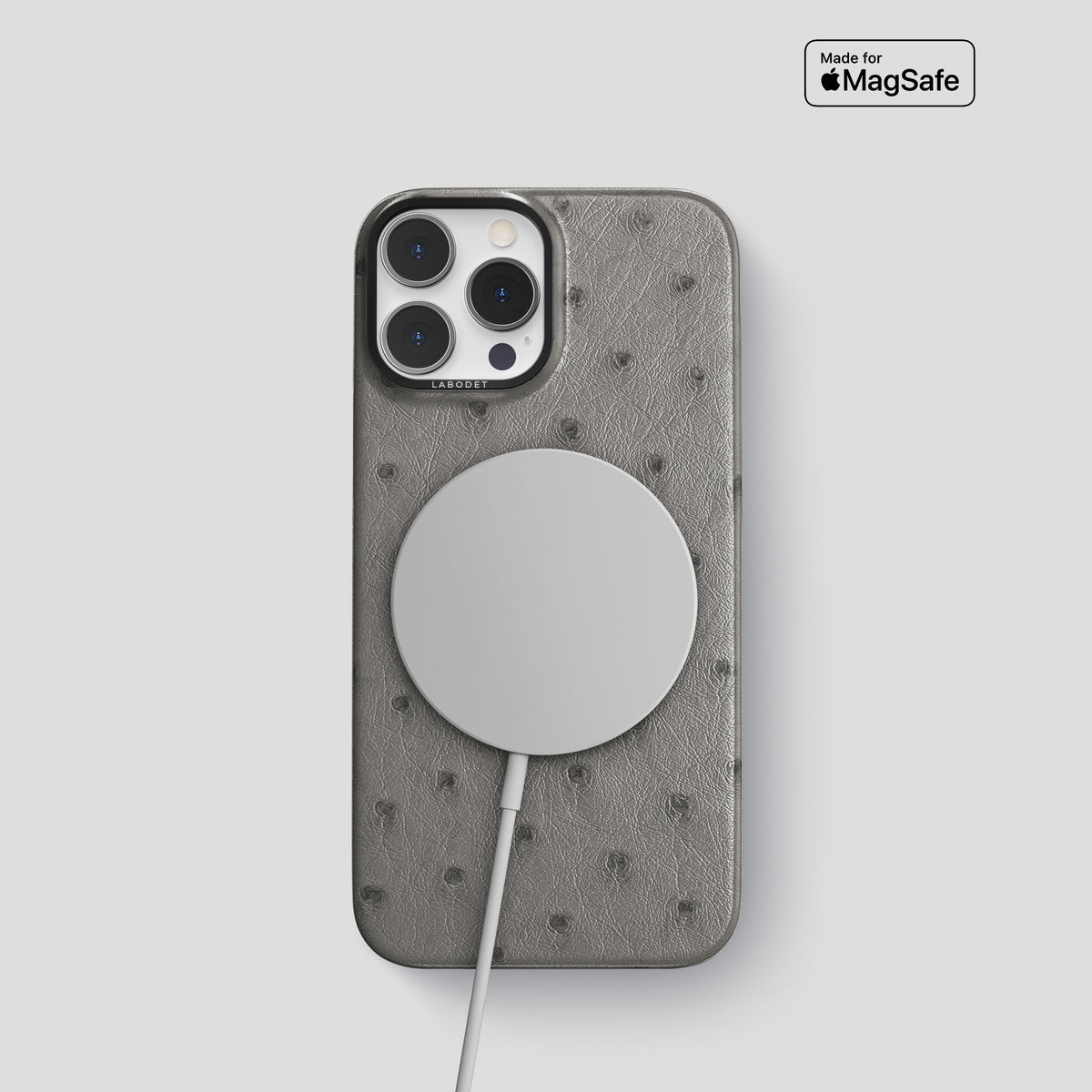 Grey iPhone 15 Pro Classic Case Ostrich with Black Metal -4 | Grey-Black