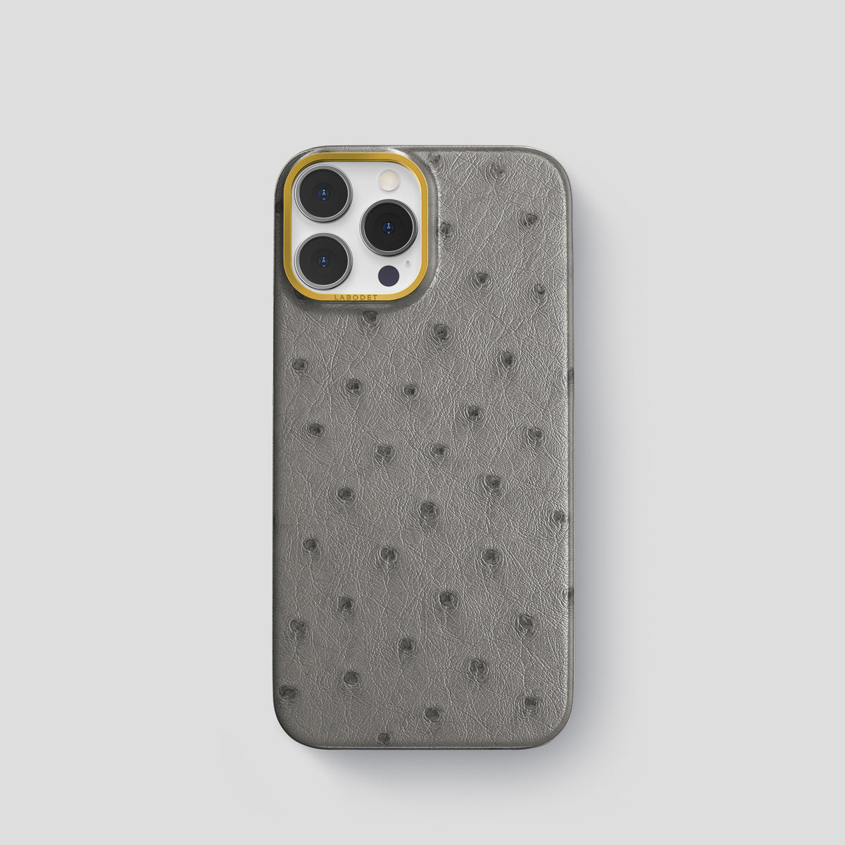 Grey iPhone 15 Pro Classic Case Ostrich with Gold Metal -1 | Grey-Gold