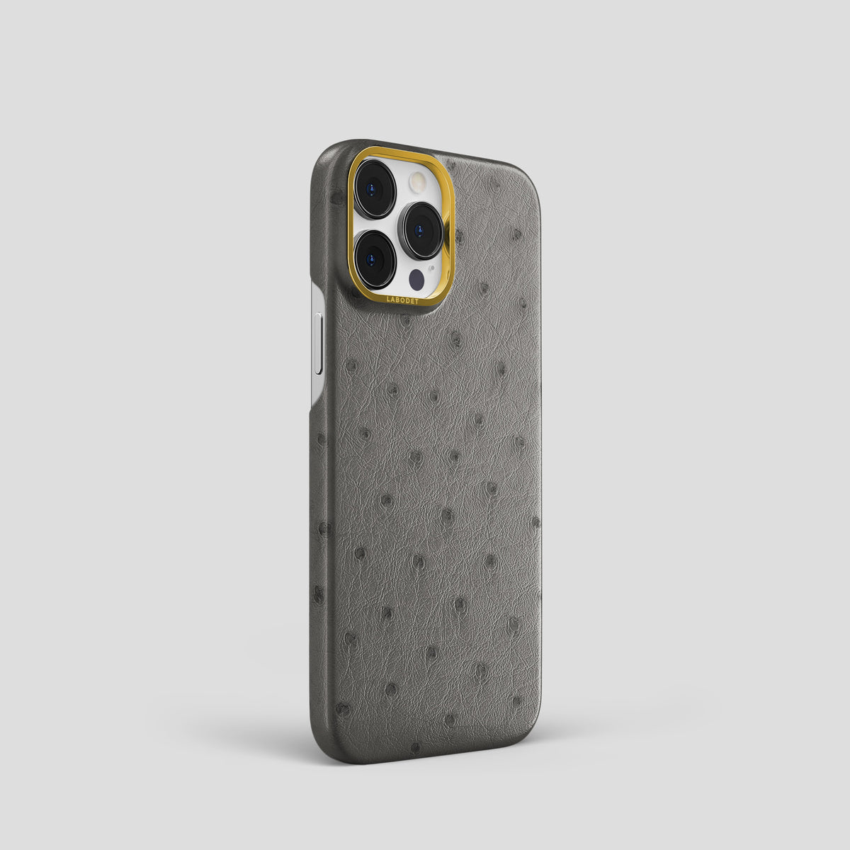Grey iPhone 15 Pro Classic Case Ostrich with Gold Metal -2 | Grey-Gold