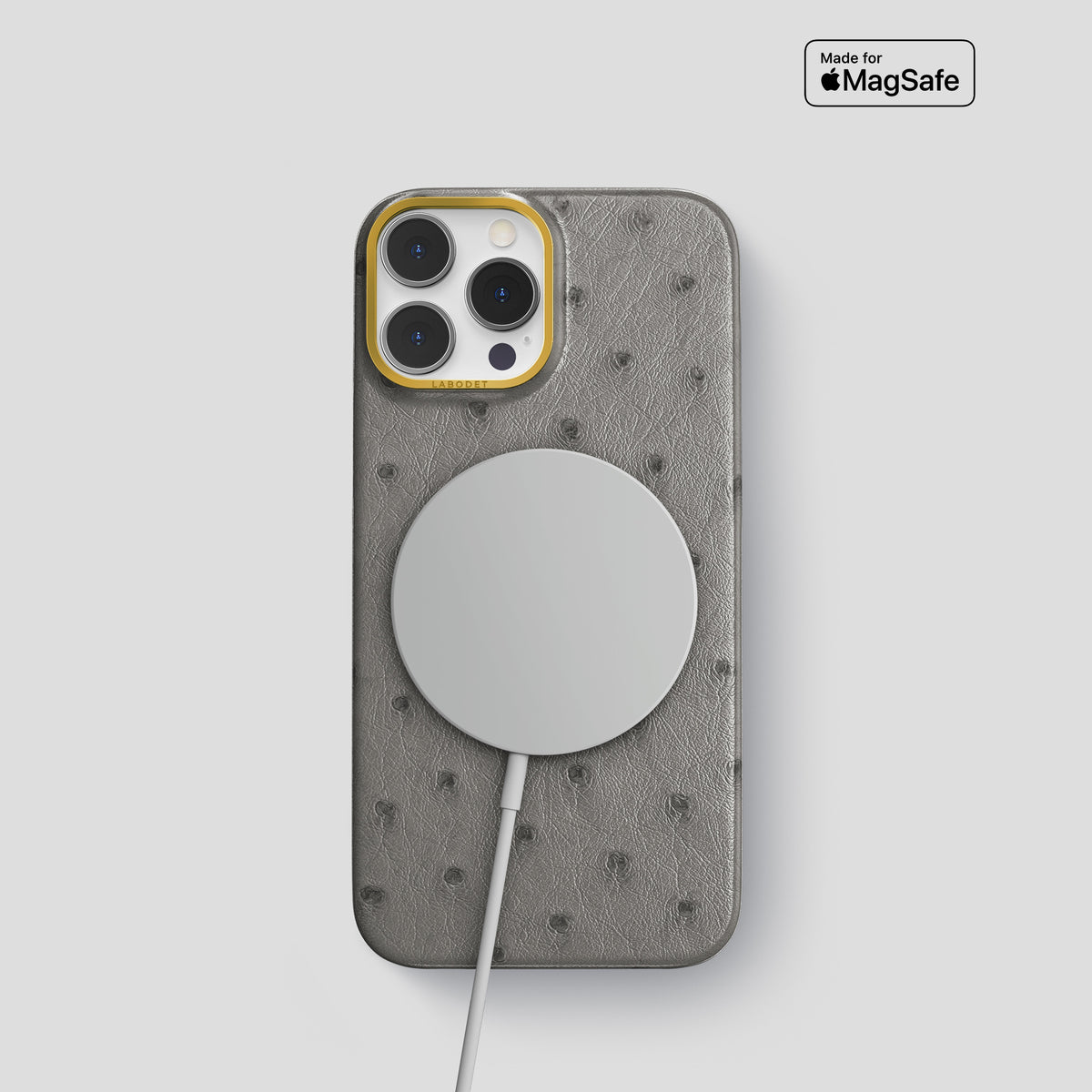 Grey iPhone 15 Pro Classic Case Ostrich with Gold Metal -4 | Grey-Gold