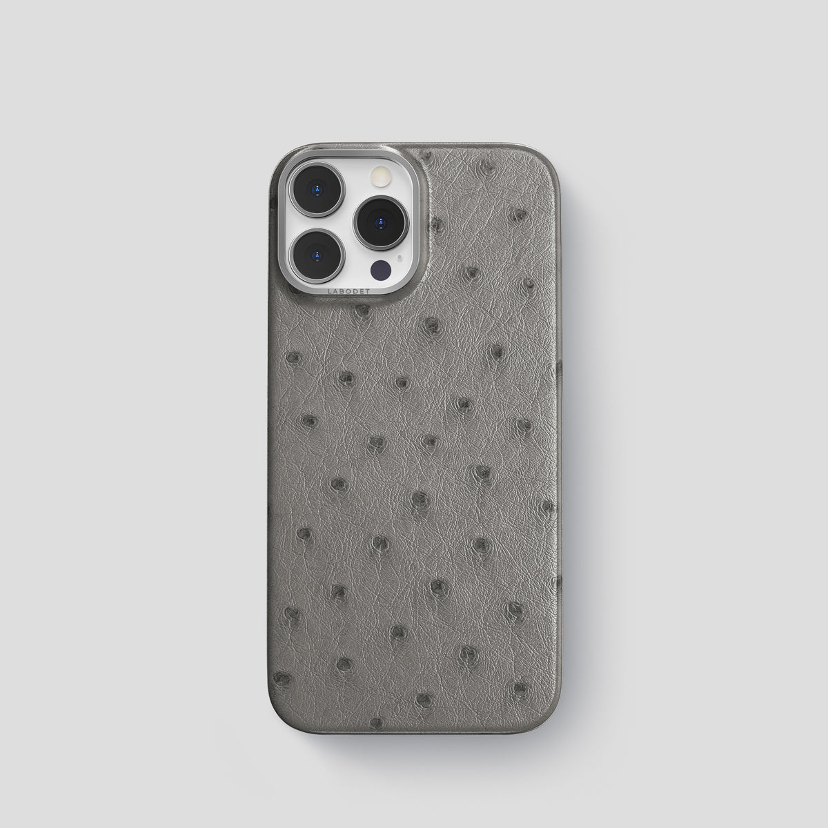 Grey iPhone 15 Pro Classic Case Ostrich with Steel Metal -1 | Grey-Steel