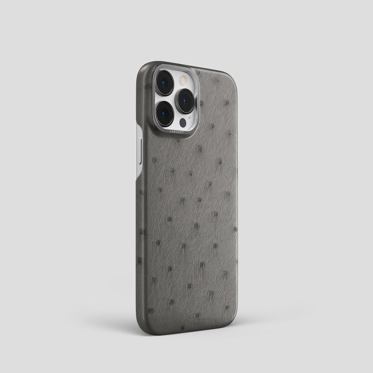 Grey iPhone 15 Pro Classic Case Ostrich with Steel Metal -2 | Grey-Steel