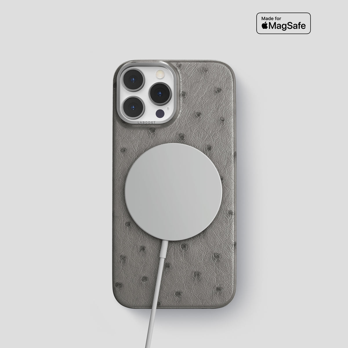 Grey iPhone 15 Pro Classic Case Ostrich with Steel Metal -4 | Grey-Steel
