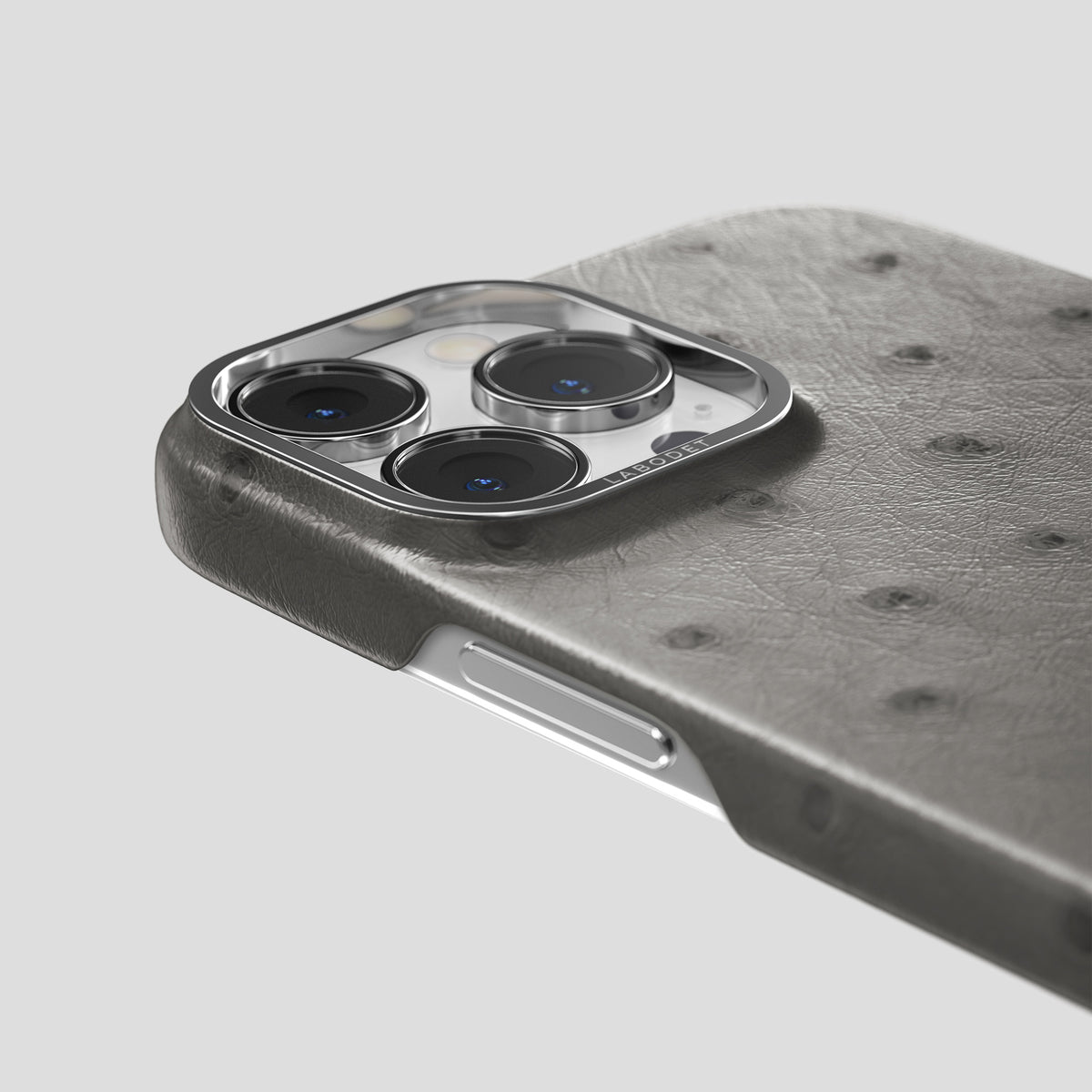Grey iPhone 15 Pro Classic Case Ostrich with Steel Metal -5 | Grey-Steel