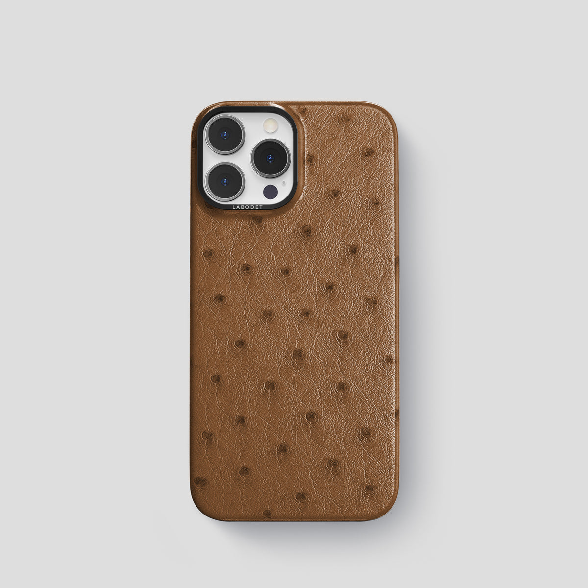 Medium-Brown iPhone 15 Pro Classic Case Ostrich with Black Metal -1 | Medium-Brown-Black