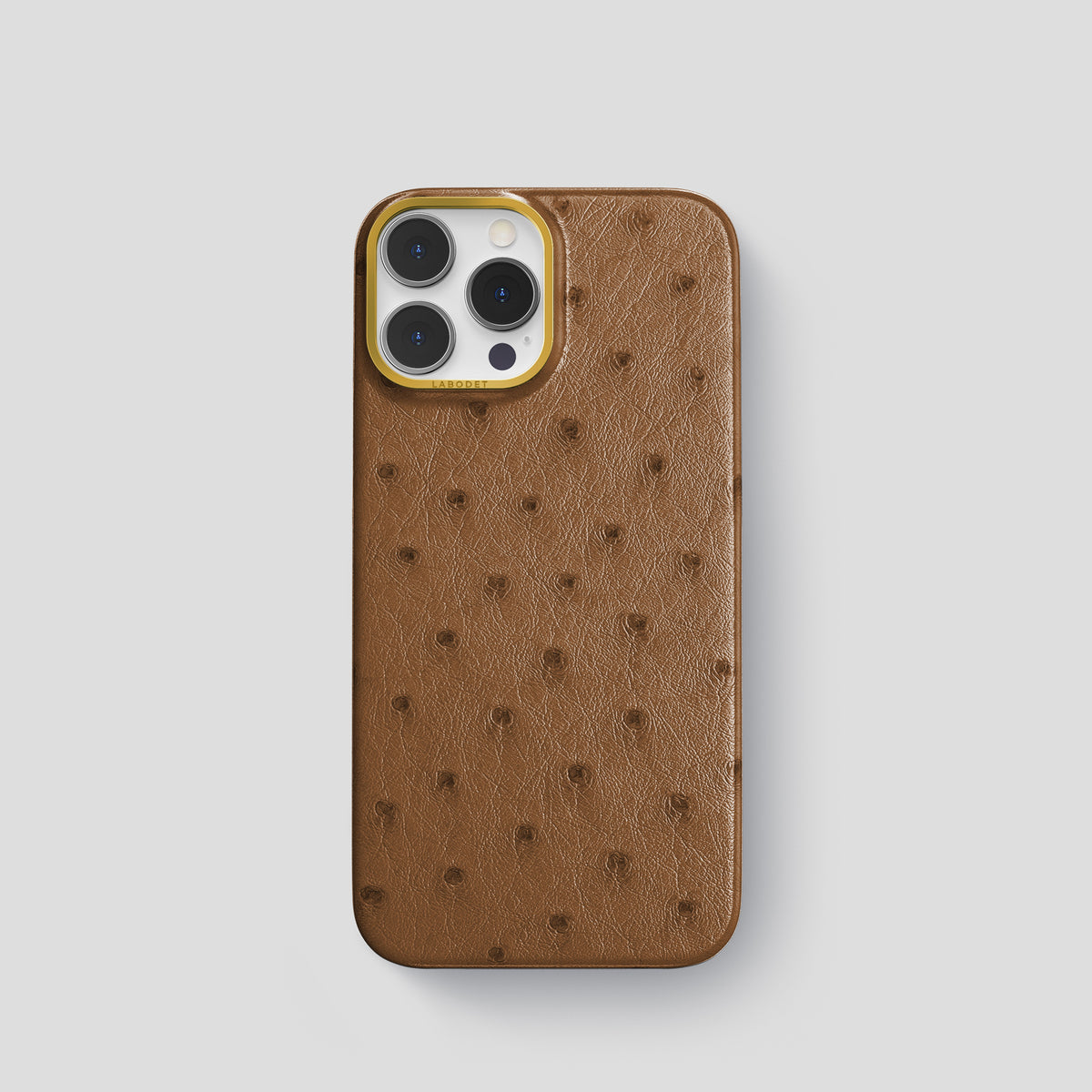 Medium-Brown iPhone 15 Pro Classic Case Ostrich with Gold Metal -1 | Medium-Brown-Gold
