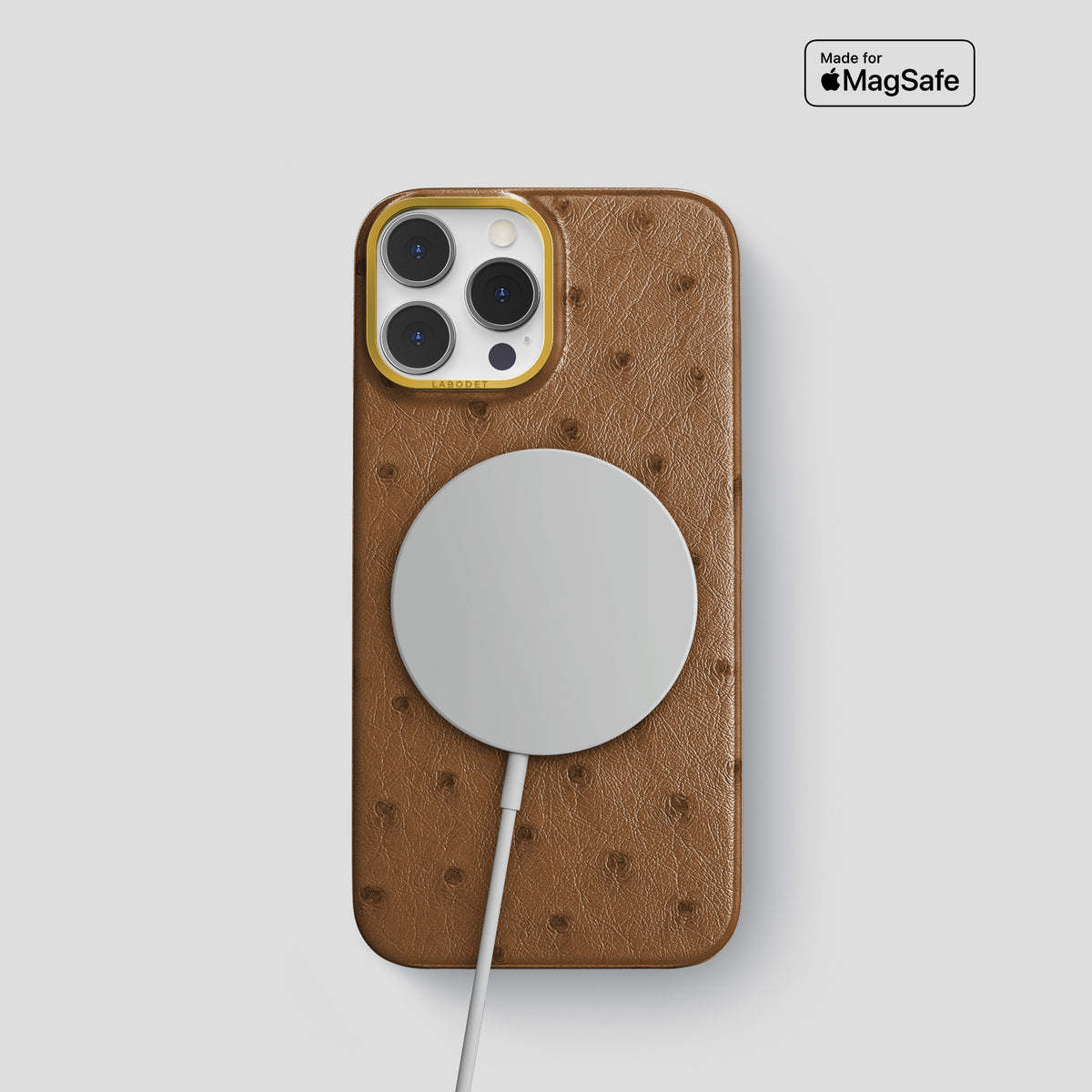 Medium-Brown iPhone 15 Pro Classic Case Ostrich with Gold Metal -4 | Medium-Brown-Gold