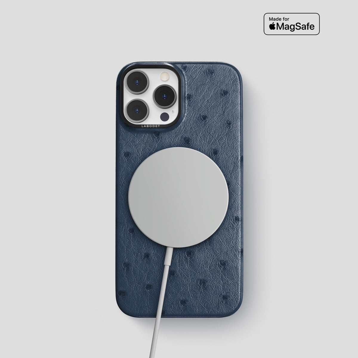 Navy-Blue iPhone 15 Pro Classic Case Ostrich with Black Metal -4 | Navy-Blue-Black