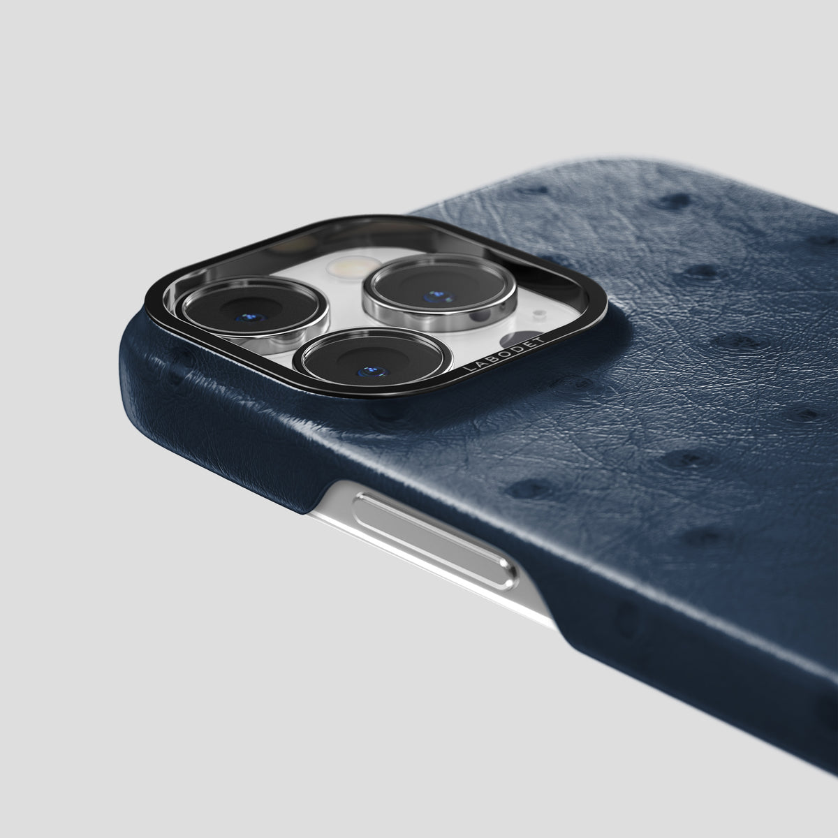 Navy-Blue iPhone 15 Pro Classic Case Ostrich with Black Metal -5 | Navy-Blue-Black