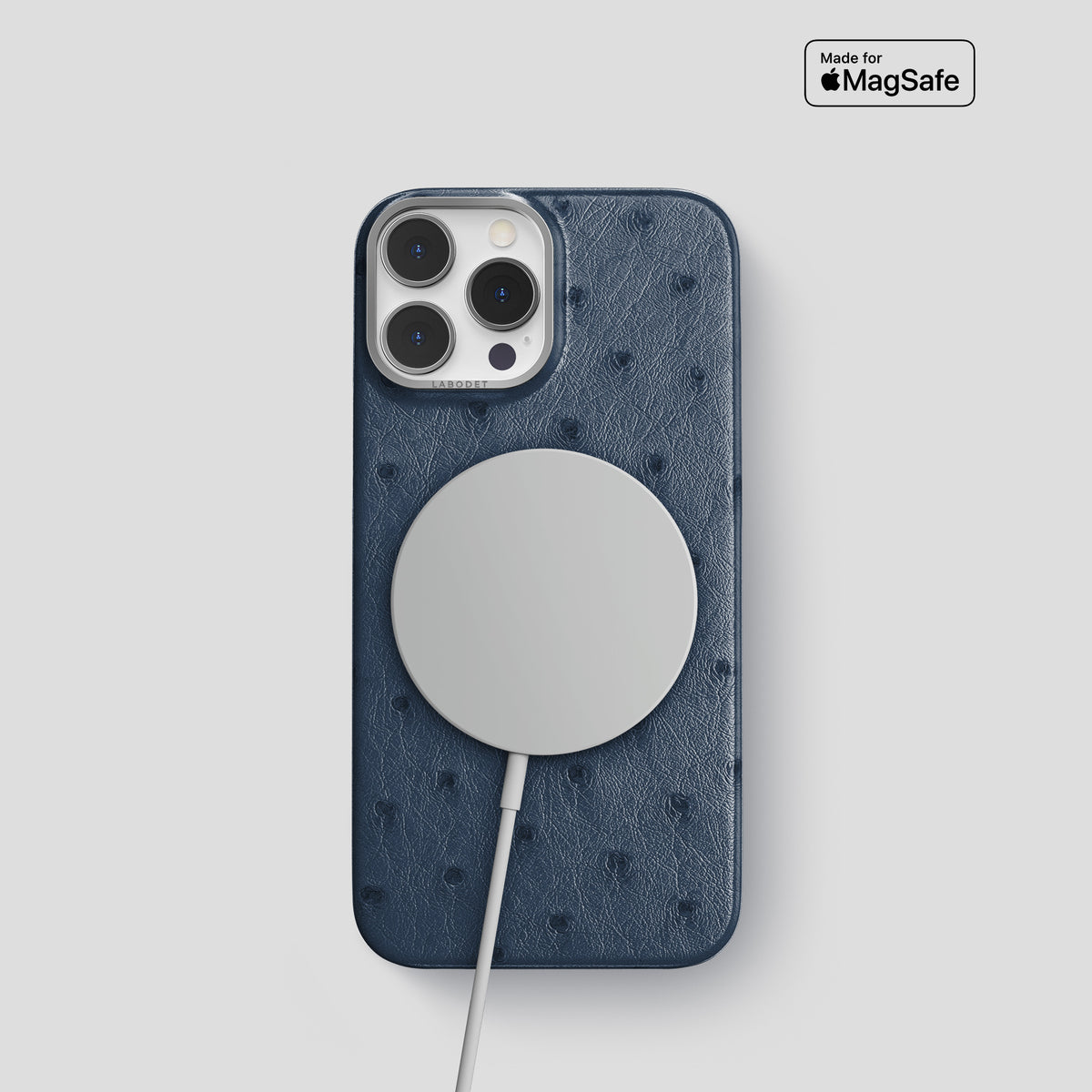 Navy-Blue iPhone 15 Pro Classic Case Ostrich with Steel Metal -4 | Navy-Blue-Steel