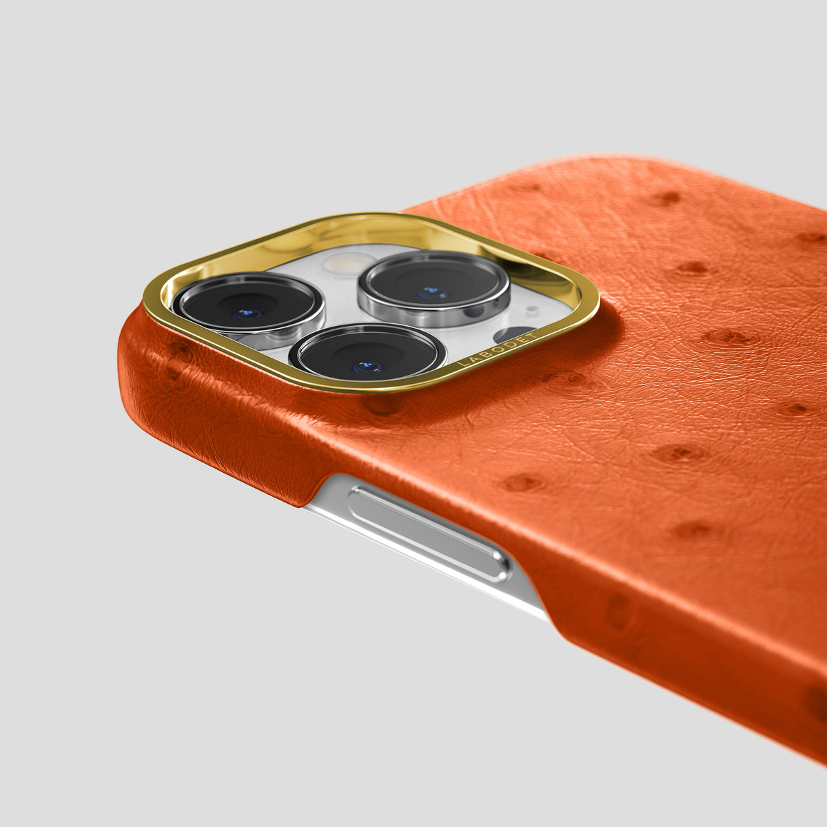 Orange iPhone 15 Pro Classic Case Ostrich with Gold Metal -5 | Orange-Gold