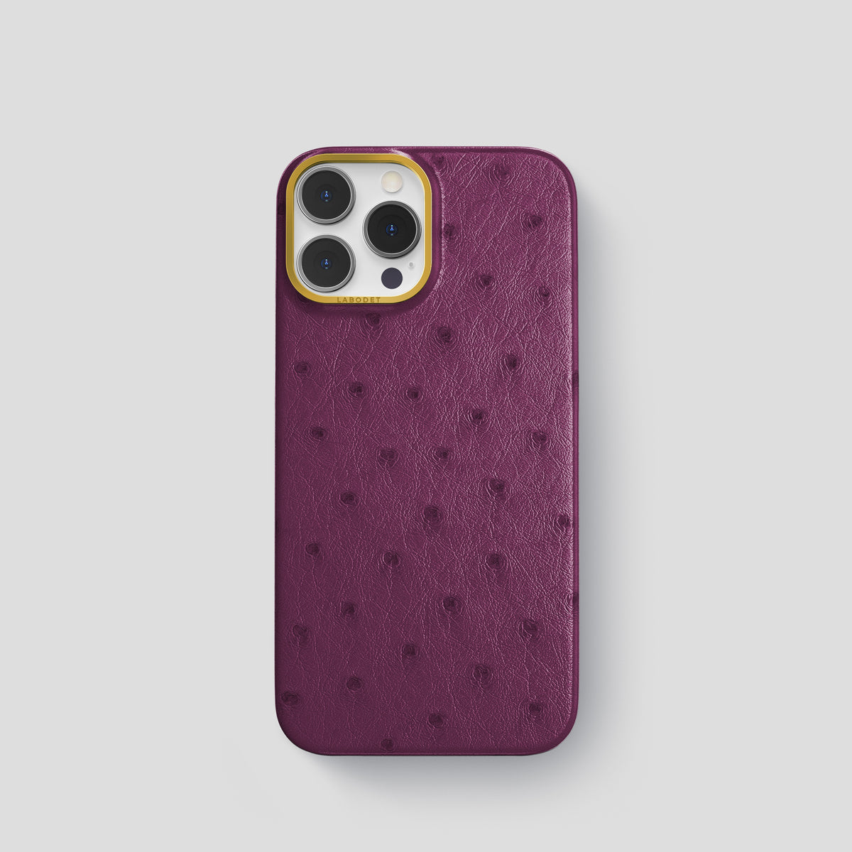 Purple iPhone 15 Pro Classic Case Ostrich with Gold Metal -1 | Purple-Gold