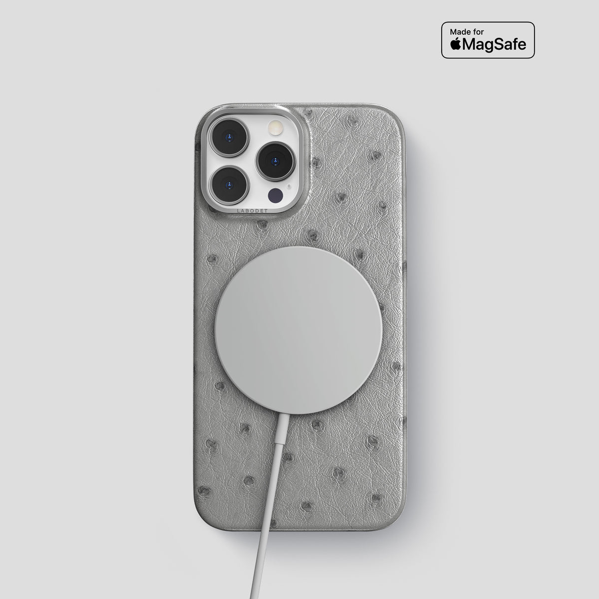 Silver iPhone 15 Pro Classic Case Ostrich with Steel Metal -4 | Silver-Steel