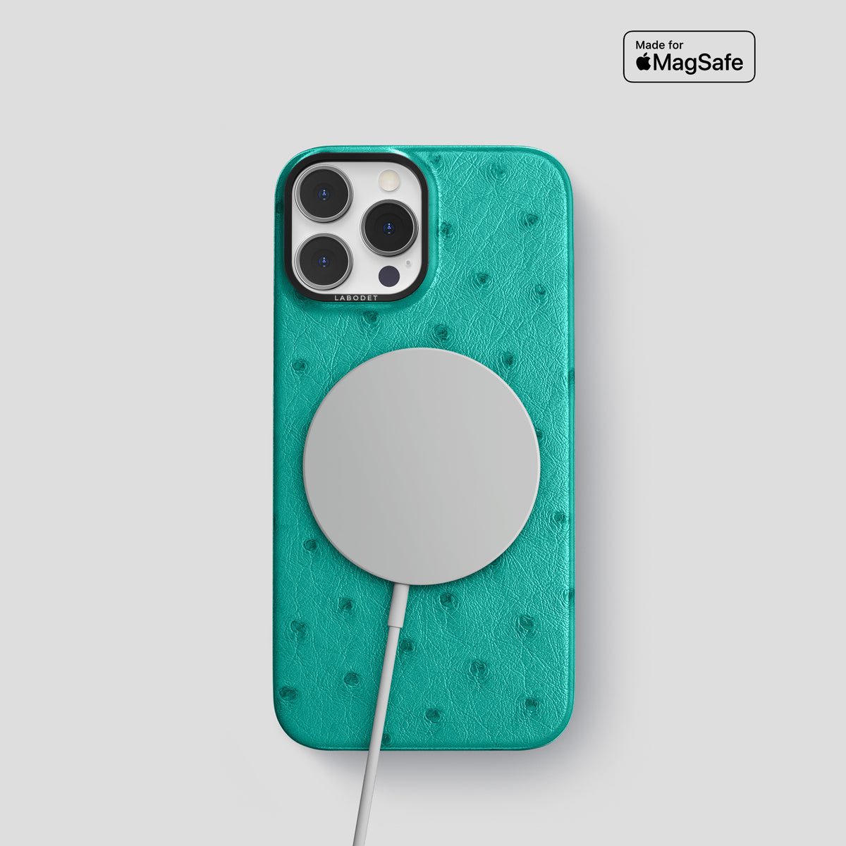 Turquoise iPhone 15 Pro Classic Case Ostrich with Black Metal -4 | Turquoise-Black