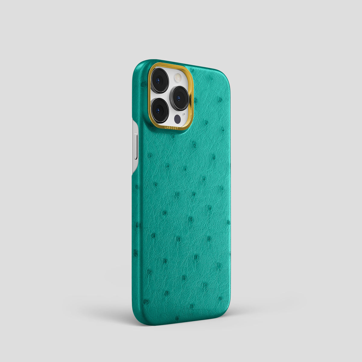 Turquoise iPhone 15 Pro Classic Case Ostrich with Gold Metal -2 | Turquoise-Gold