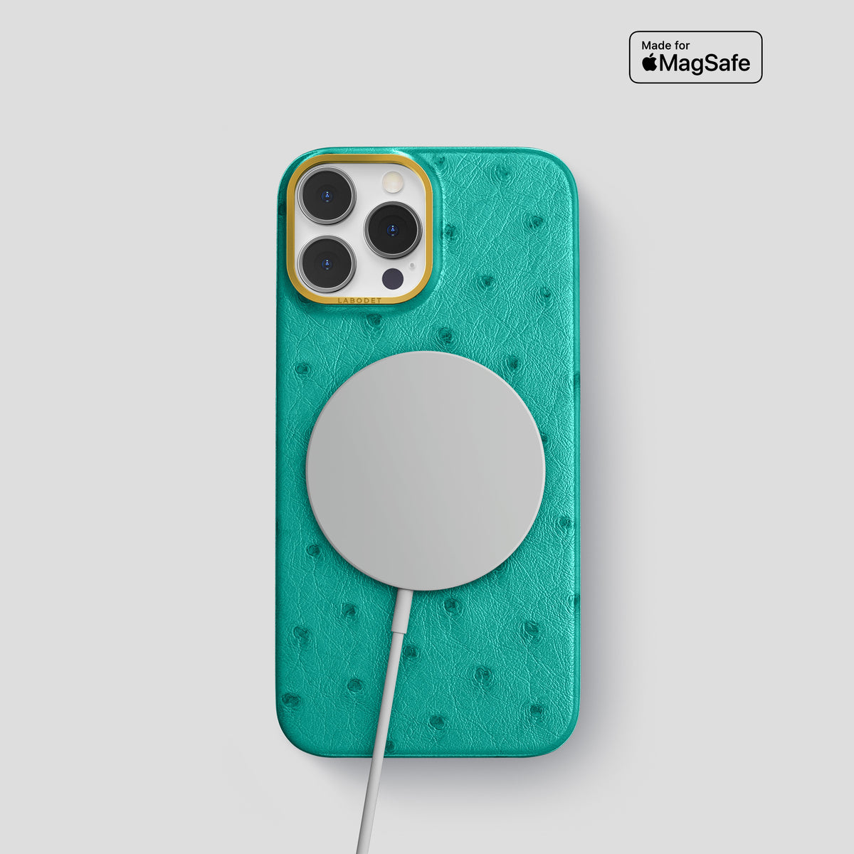 Turquoise iPhone 15 Pro Classic Case Ostrich with Gold Metal -4 | Turquoise-Gold