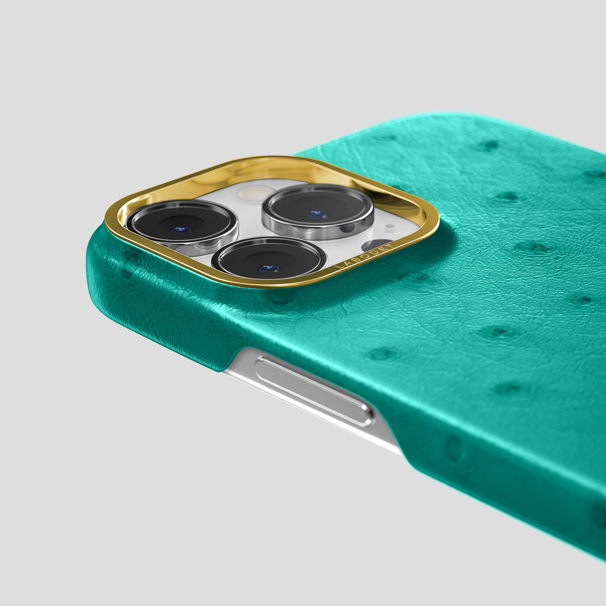 Turquoise iPhone 15 Pro Classic Case Ostrich with Gold Metal -5 | Turquoise-Gold