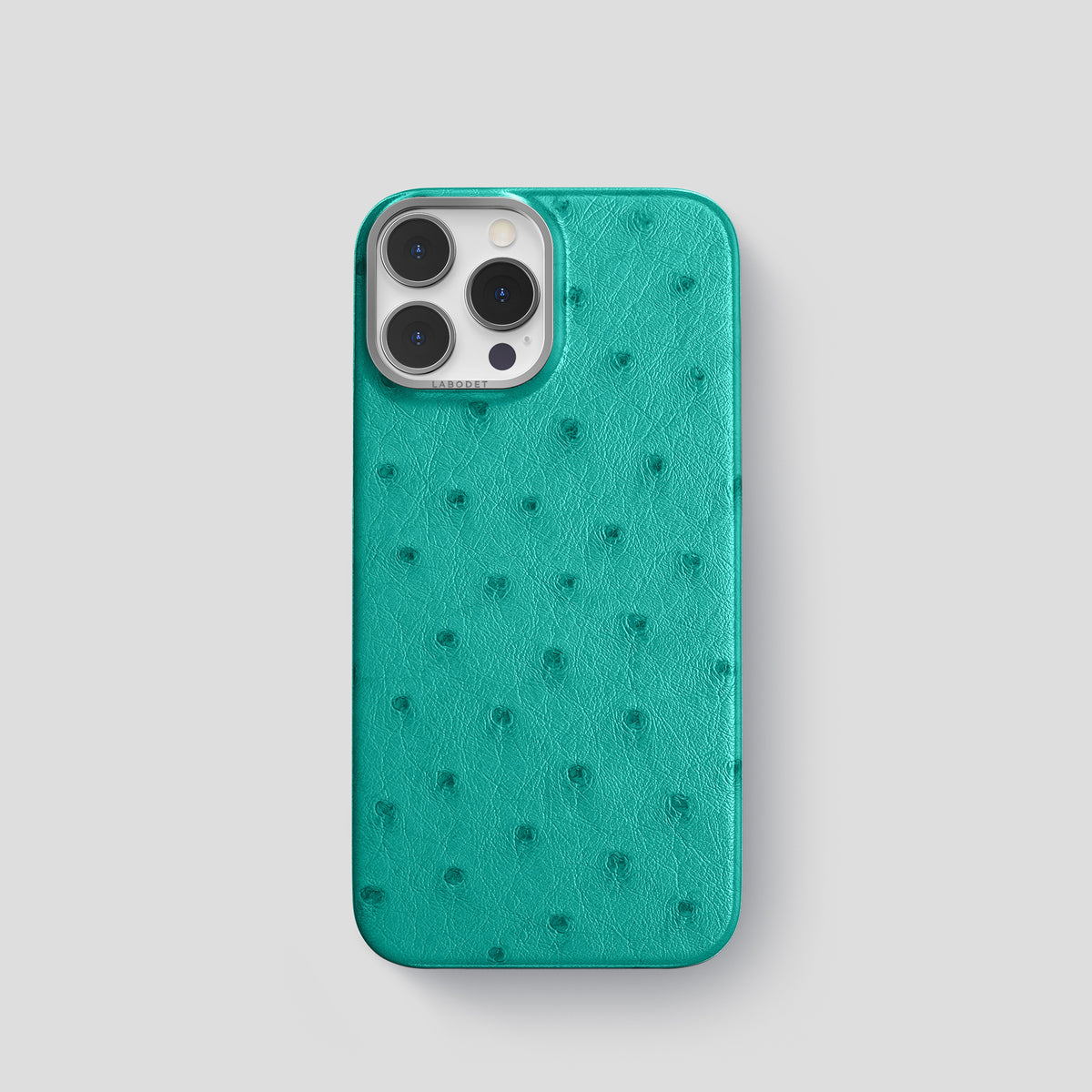 Turquoise iPhone 15 Pro Classic Case Ostrich with Steel Metal -1 | Turquoise-Steel