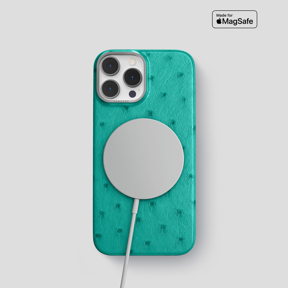 Turquoise iPhone 15 Pro Classic Case Ostrich with Steel Metal -4 | Turquoise-Steel