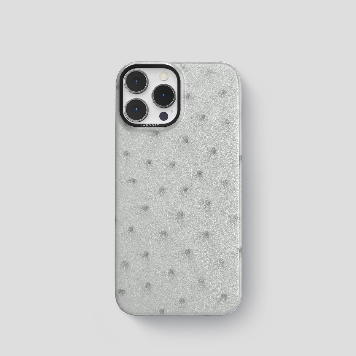 White iPhone 15 Pro Classic Case Ostrich with Black Metal -1 | White-Black