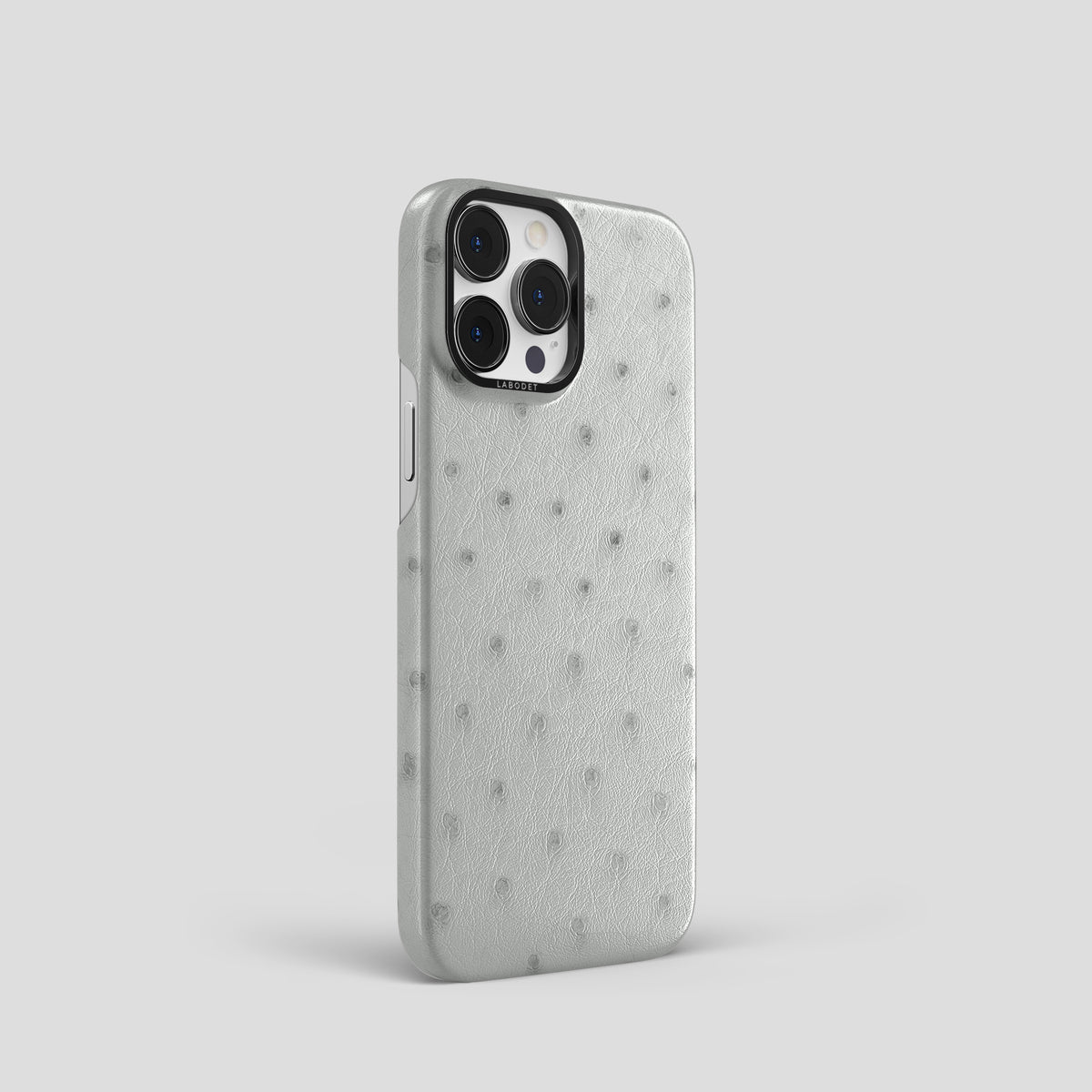 White iPhone 15 Pro Classic Case Ostrich with Black Metal -2 | White-Black