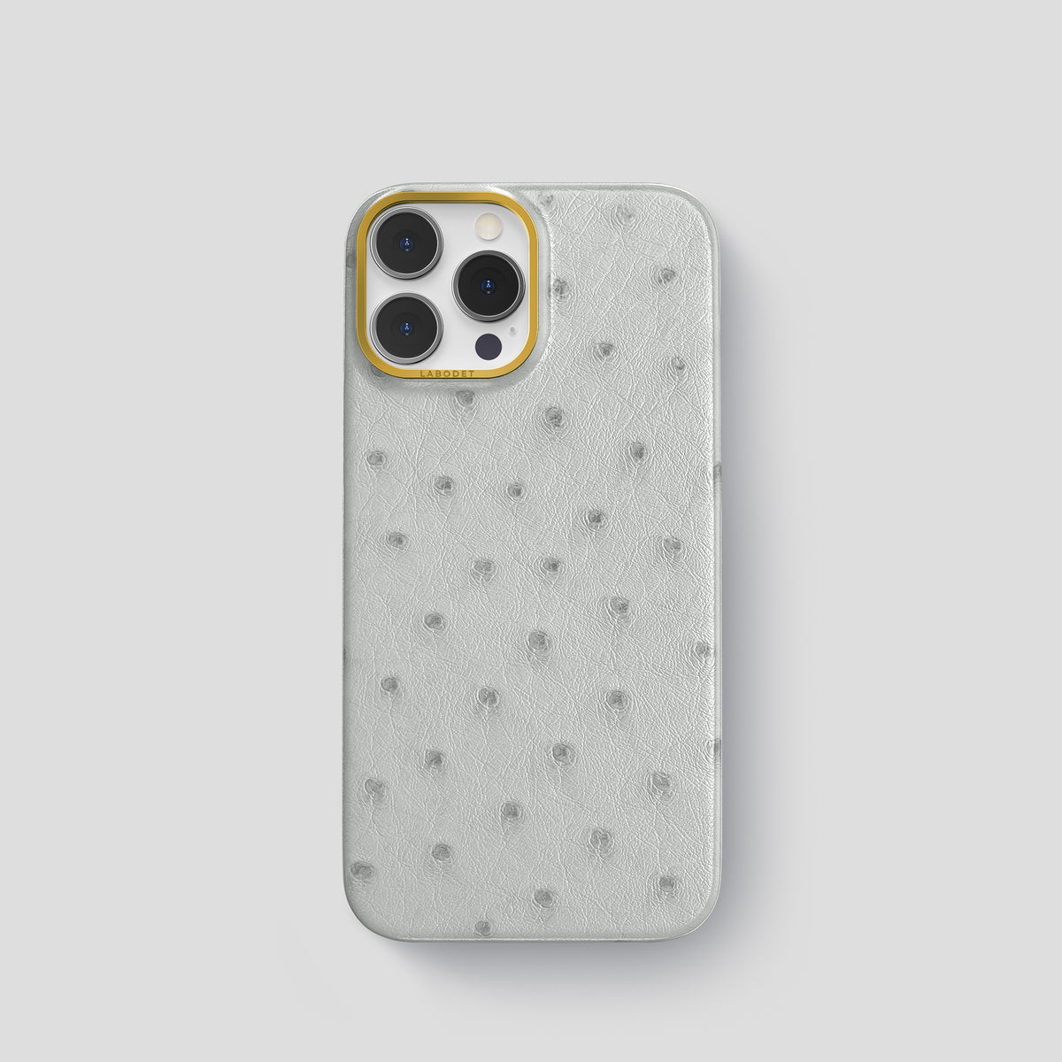 White iPhone 15 Pro Classic Case Ostrich with Gold Metal -1 | White-Gold