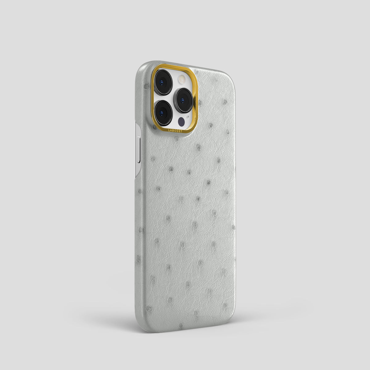 White iPhone 15 Pro Classic Case Ostrich with Gold Metal -2 | White-Gold