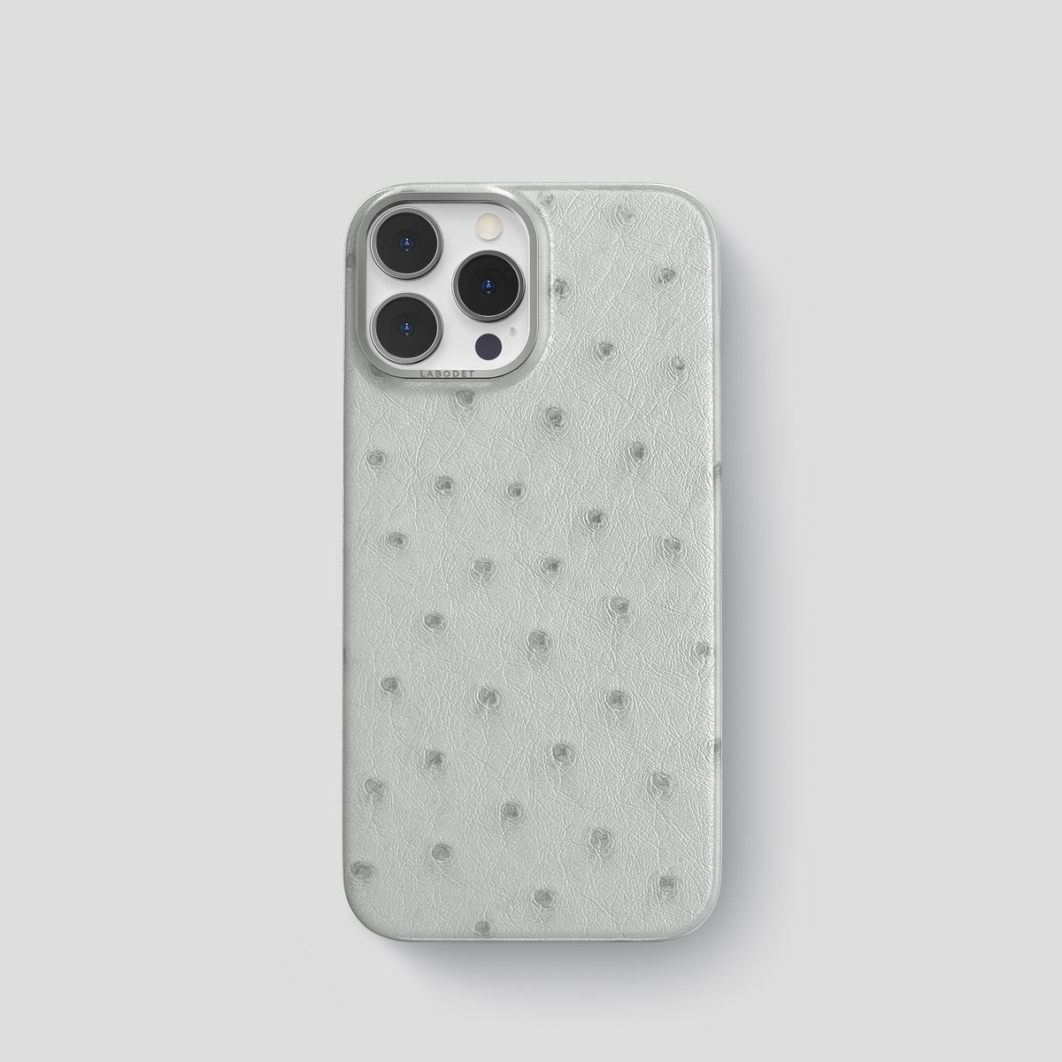 White iPhone 15 Pro Classic Case Ostrich with Steel Metal -1 | White-Steel