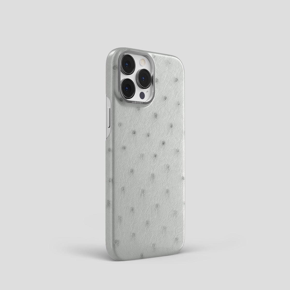 White iPhone 15 Pro Classic Case Ostrich with Steel Metal -2 | White-Steel