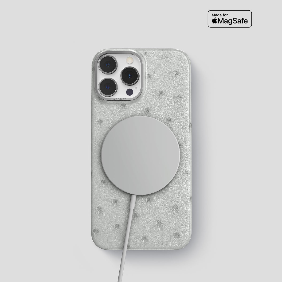 White iPhone 15 Pro Classic Case Ostrich with Steel Metal -4 | White-Steel
