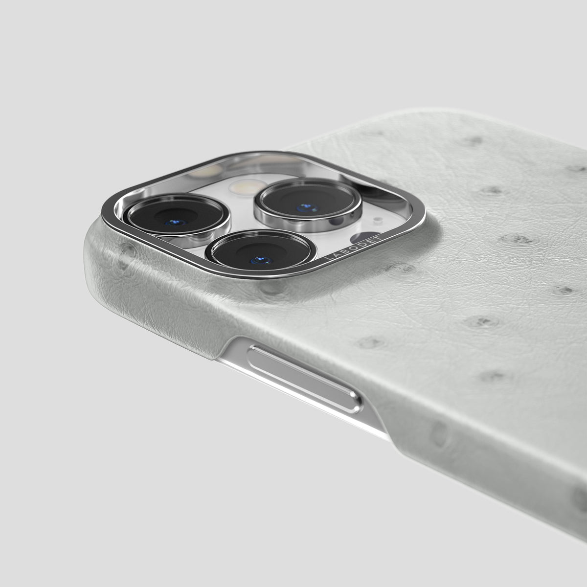 White iPhone 15 Pro Classic Case Ostrich with Steel Metal -5 | White-Steel