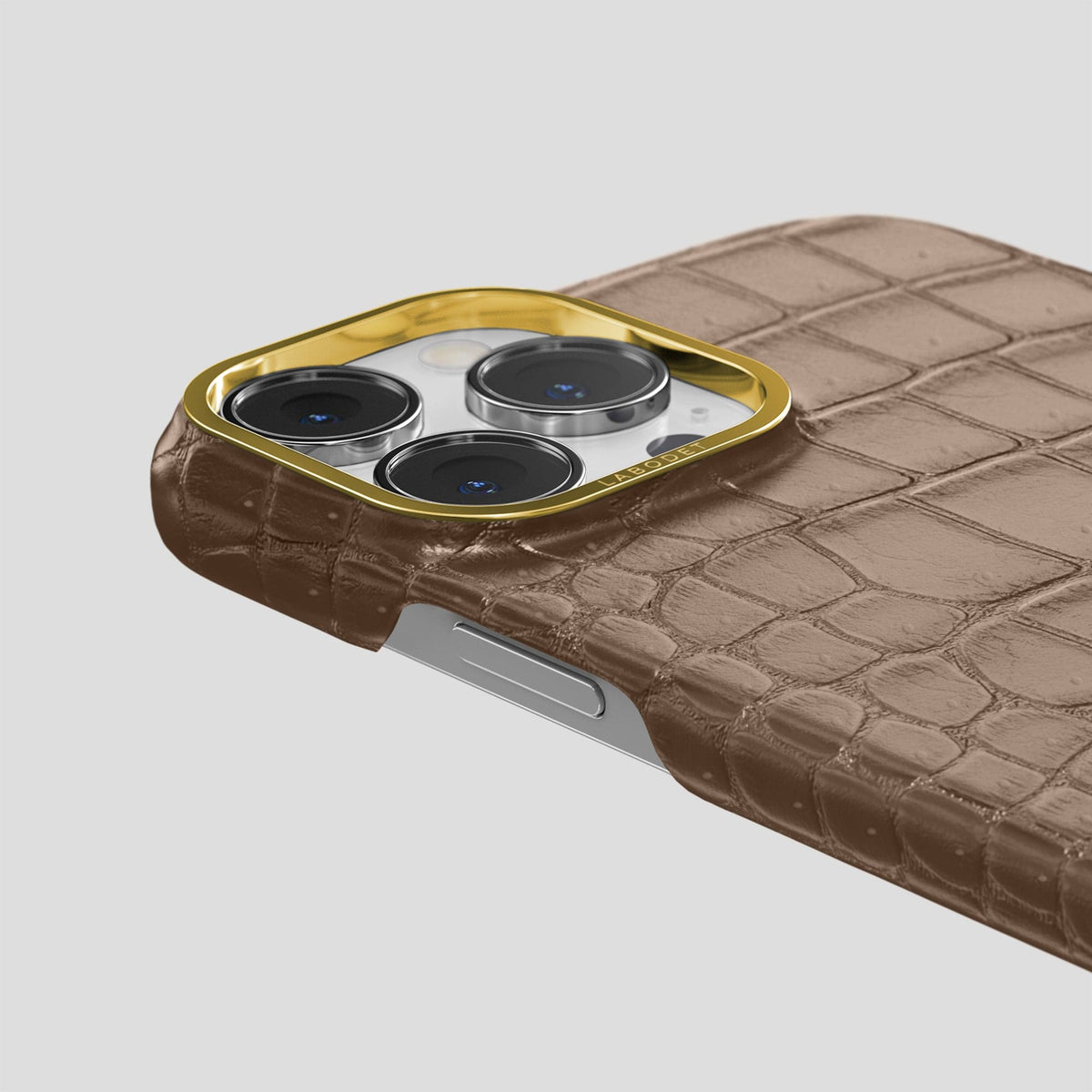 Fur-Brown iPhone 15 Pro Classic Case Porosus Crocodile with Gold Metal -6 | Fur-Brown-Gold