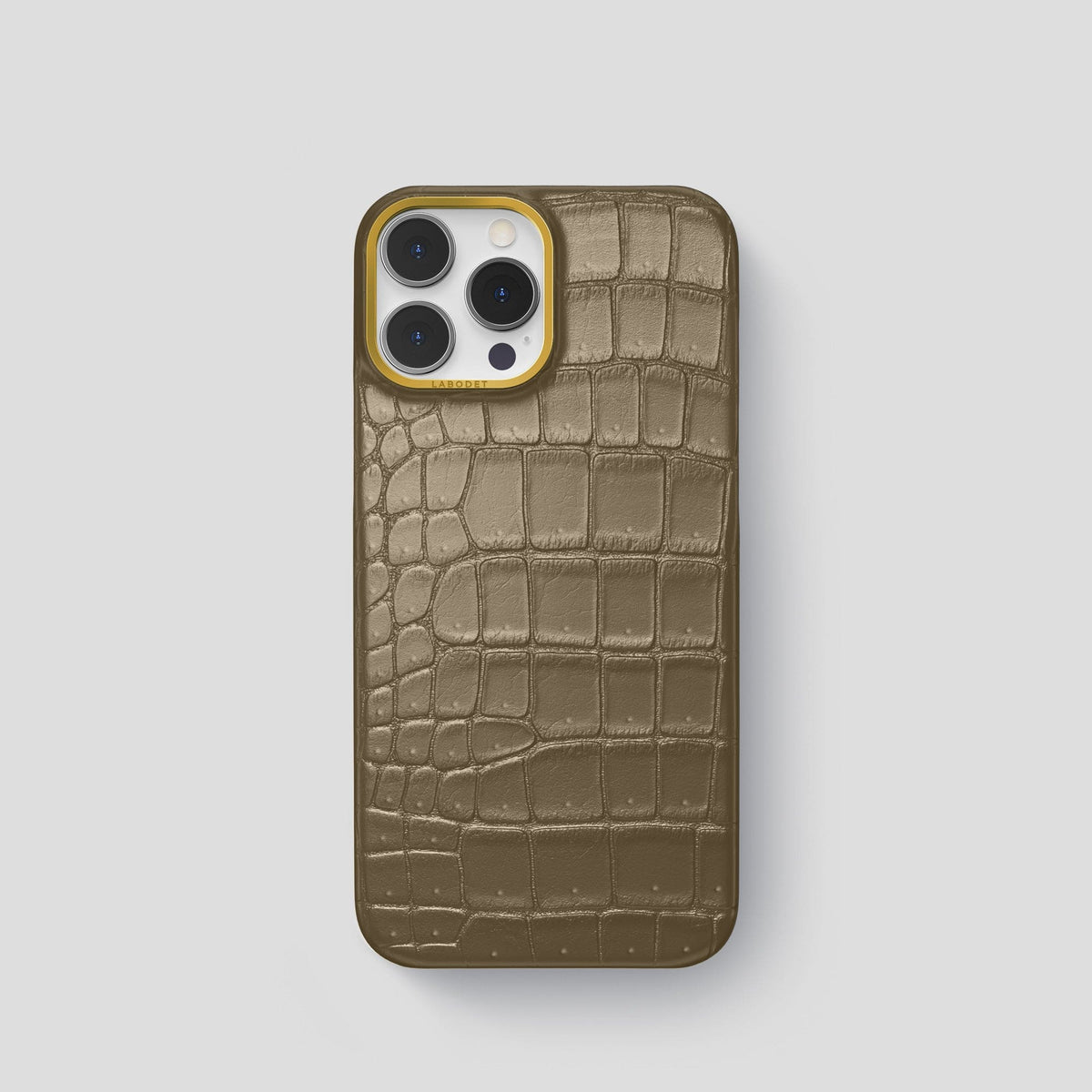 Kaki-Green iPhone 15 Pro Classic Case Porosus Crocodile with Gold Metal -1 | Kaki-Green-Gold