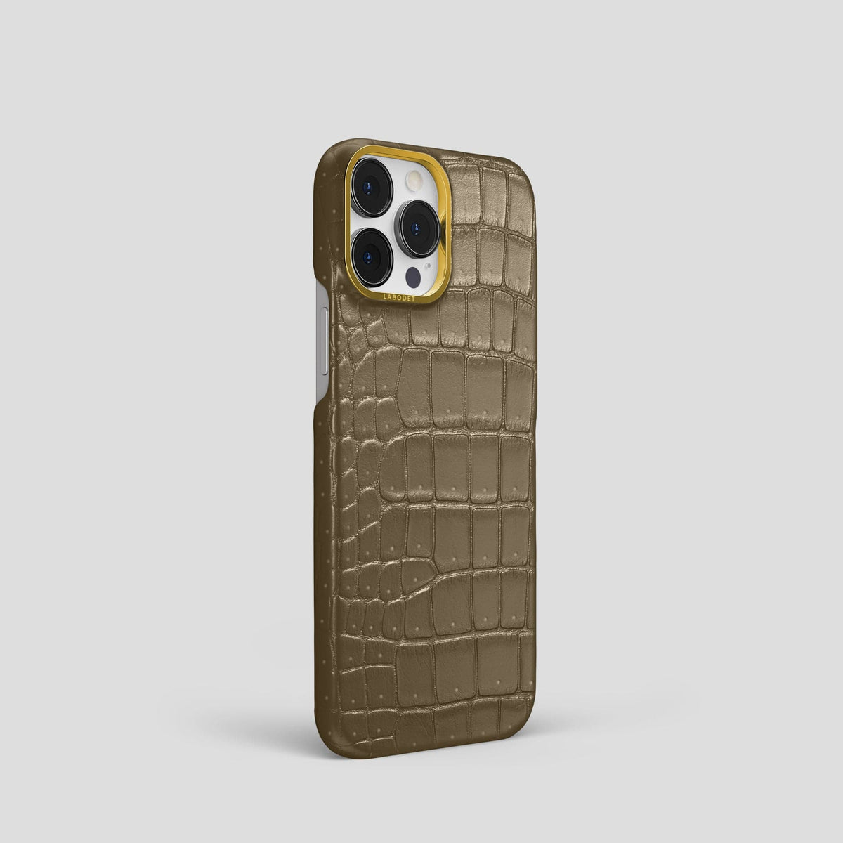 Kaki-Green iPhone 15 Pro Classic Case Porosus Crocodile with Gold Metal -2 | Kaki-Green-Gold