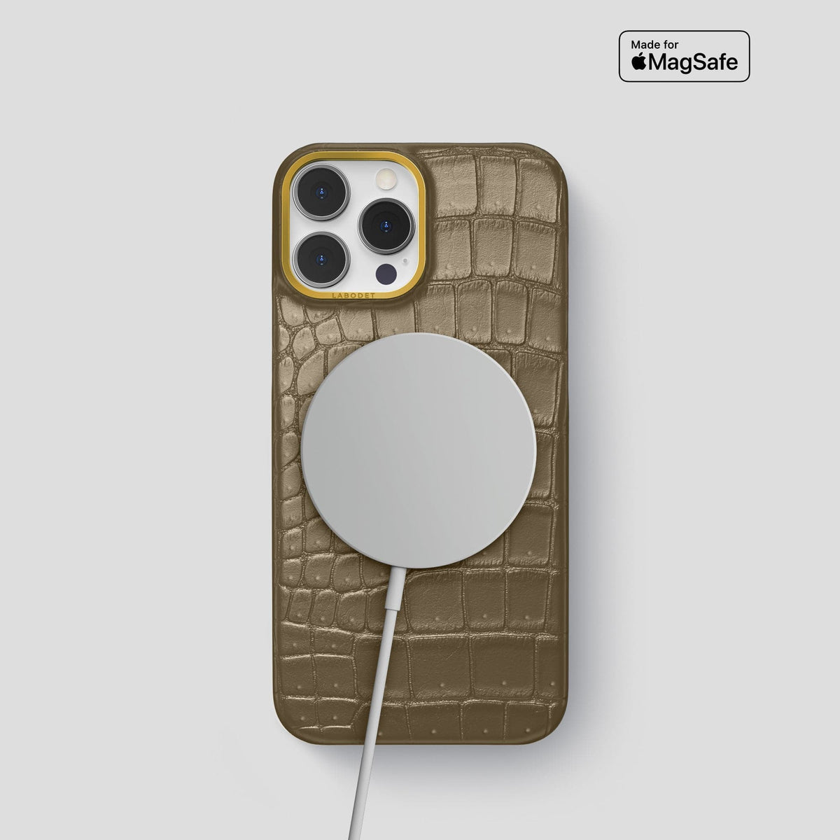 Kaki-Green iPhone 15 Pro Classic Case Porosus Crocodile with Gold Metal -5 | Kaki-Green-Gold