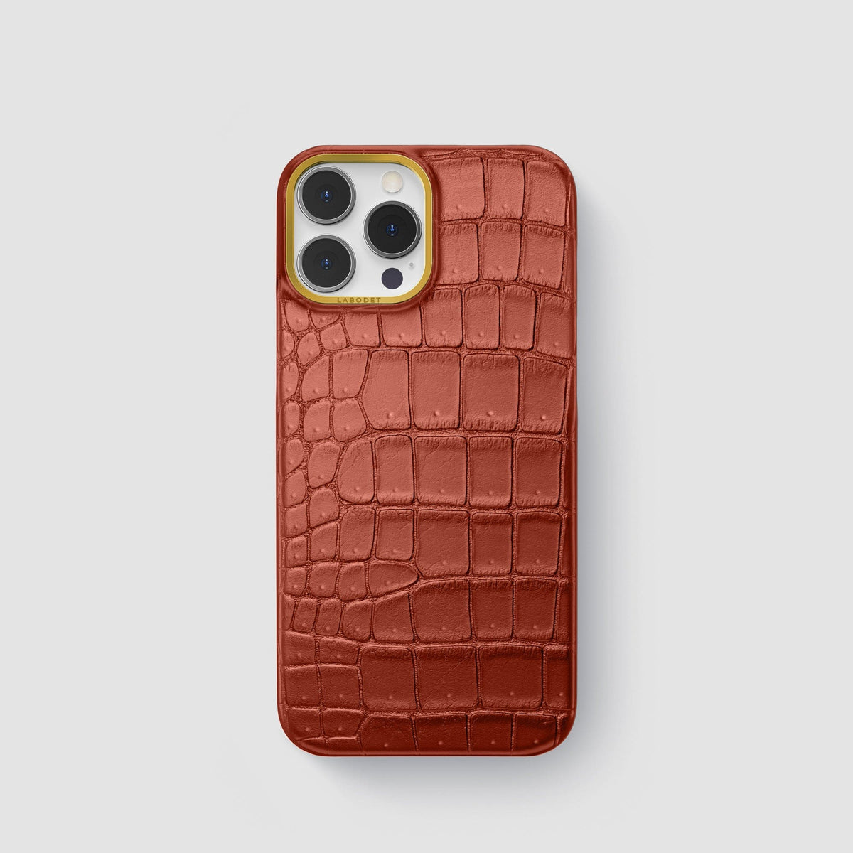 Mahogany-Brown iPhone 15 Pro Classic Case Porosus Crocodile with Gold Metal -1 | Mahogany-Brown-Gold