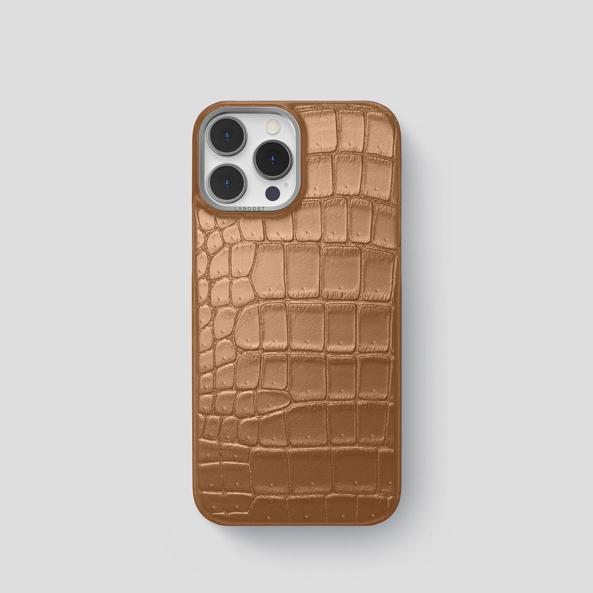 Milk-Chocolate iPhone 15 Pro Classic Case Porosus Crocodile with Steel Metal -1 | Milk-Chocolate-Steel