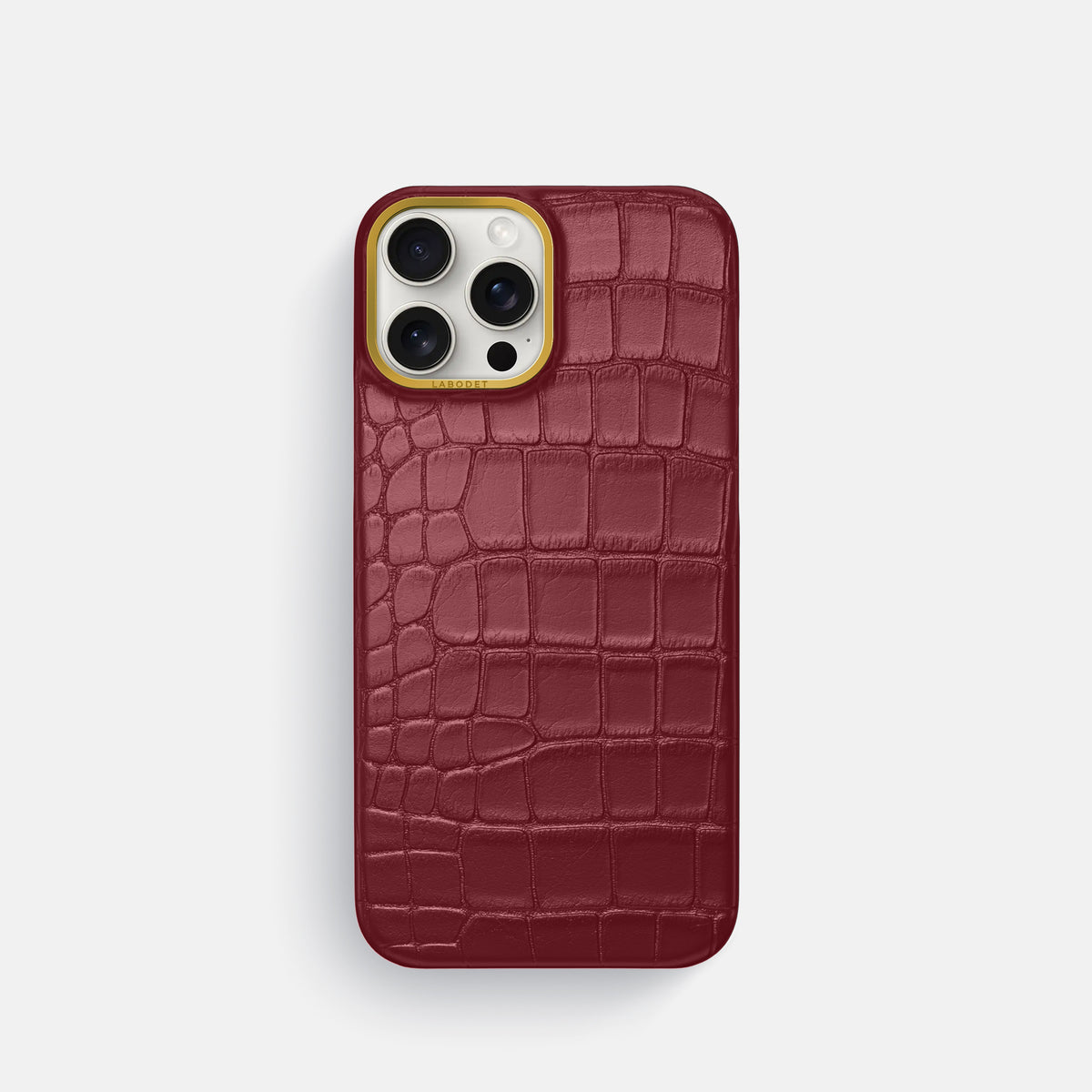 Burgundy iPhone 16 Pro Classic Case In Alligator with Gold Metal -1 | Burgundy-Gold