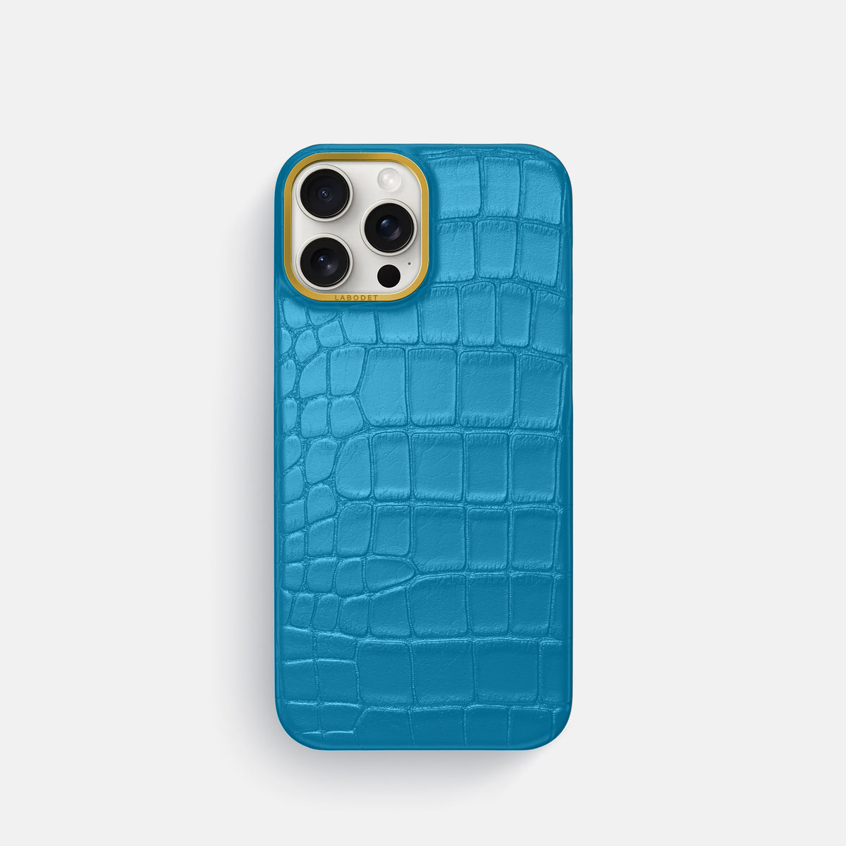 Curaçao-Blue iPhone 16 Pro Classic Case In Alligator with Gold Metal -1 | Curaçao-Blue-Gold