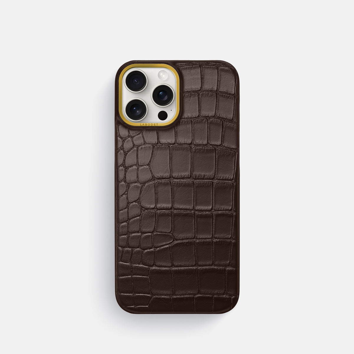 Dark-Brown iPhone 16 Pro Classic Case In Alligator with Gold Metal -1 | Dark-Brown-Gold