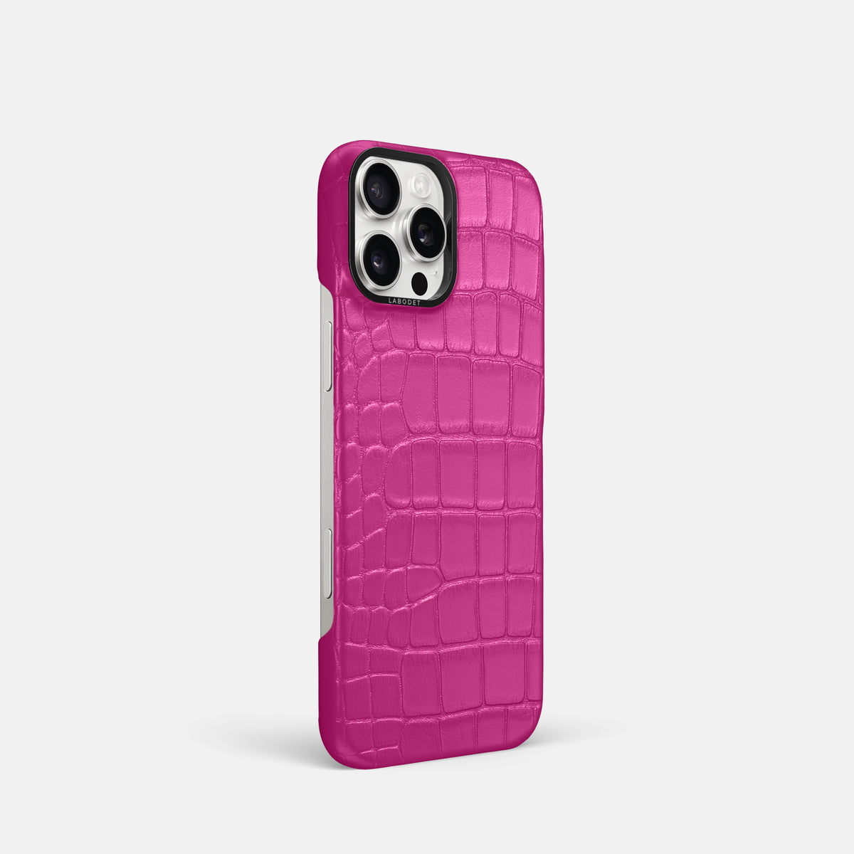 Fuchsia iPhone 16 Pro Classic Case Alligator with Black Metal -2 | Fuchsia-Black