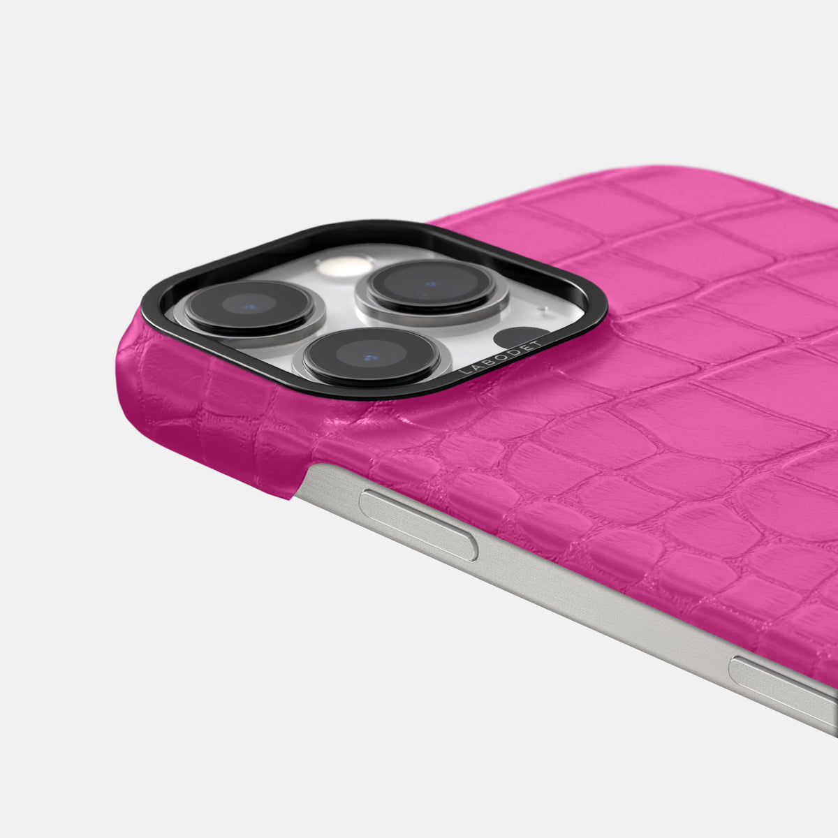 Fuchsia iPhone 16 Pro Classic Case Alligator with Black Metal -6 | Fuchsia-Black