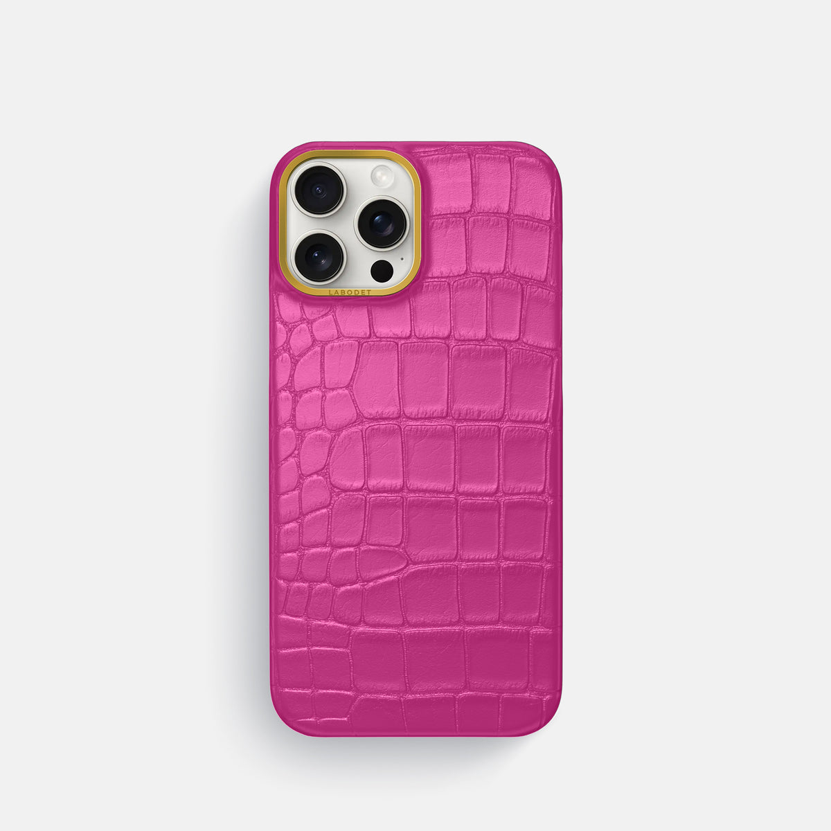 Fuchsia iPhone 16 Pro Classic Case In Alligator with Gold Metal -1 | Fuchsia-Gold