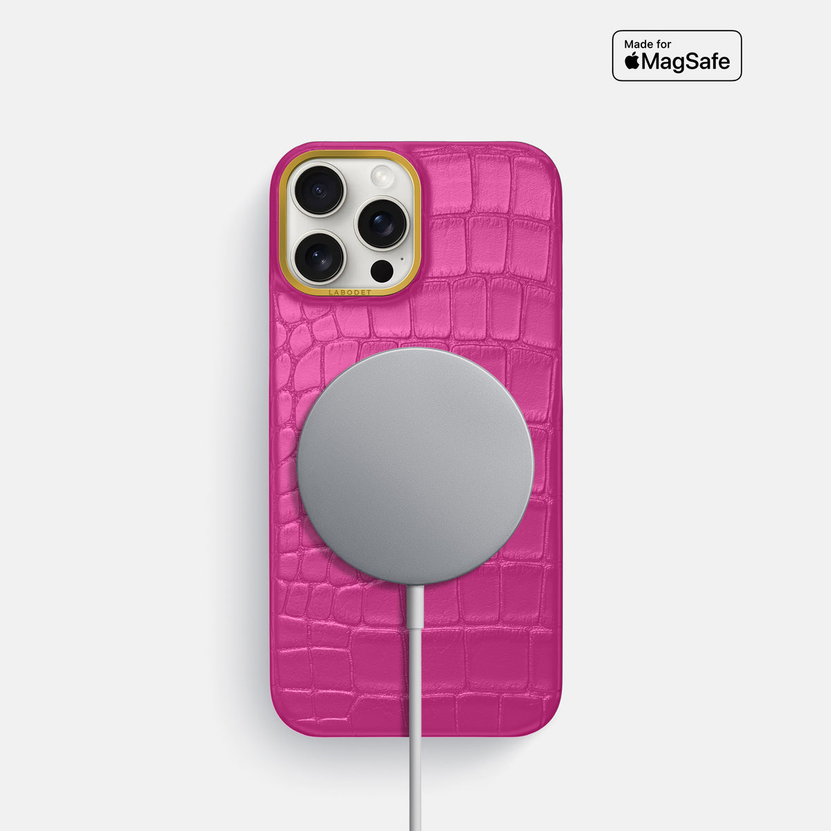 Fuchsia iPhone 16 Pro Classic Case In Alligator with Gold Metal -5 | Fuchsia-Gold