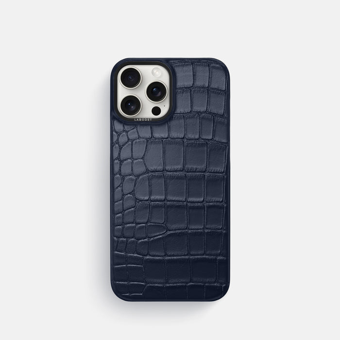 Navy Blue iPhone 16 Pro Classic Case Alligator with Black Metal -1 | Navy-Blue-Black