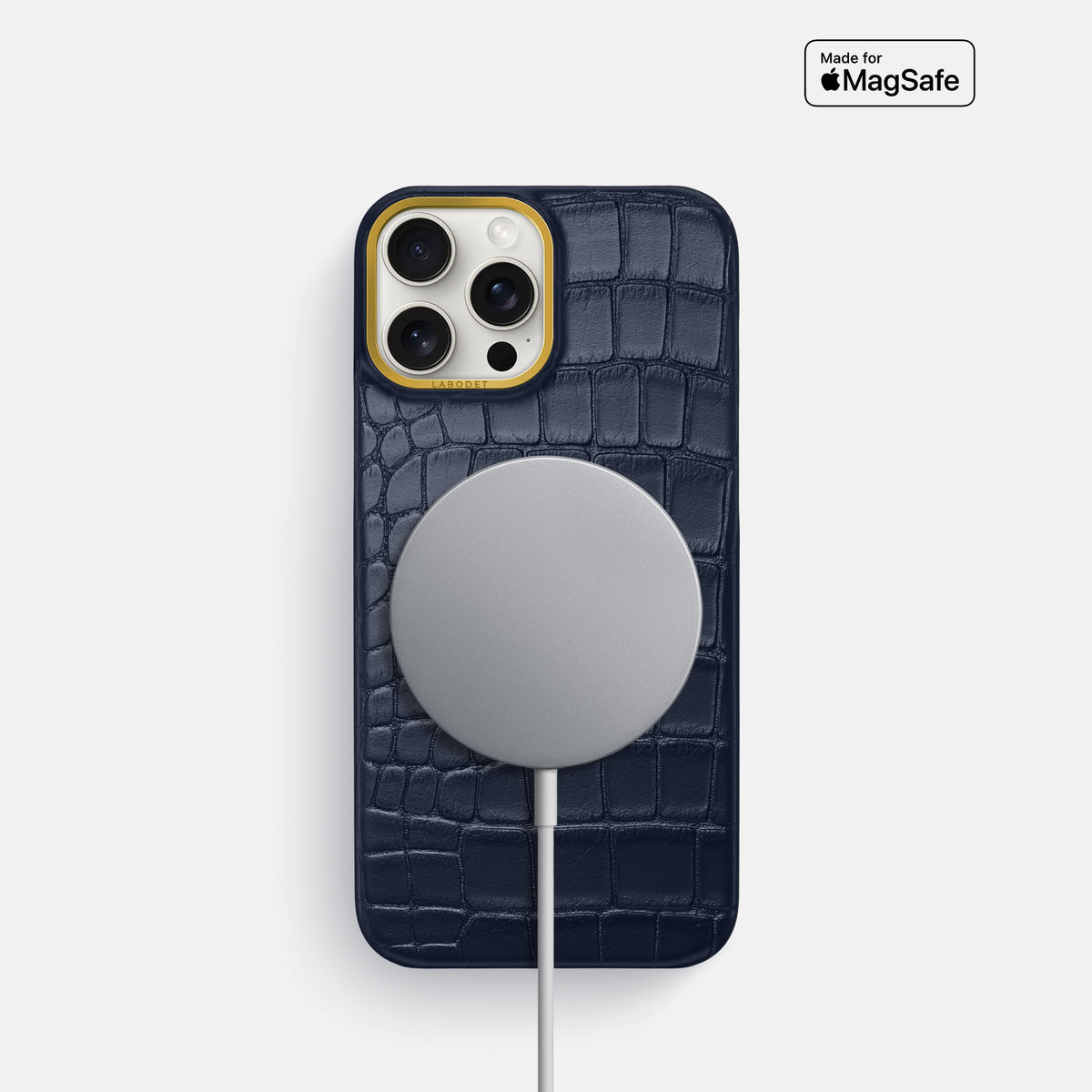 Navy Blue iPhone 16 Pro Classic Case In Alligator with Gold Metal -5 | Navy-Blue-Gold