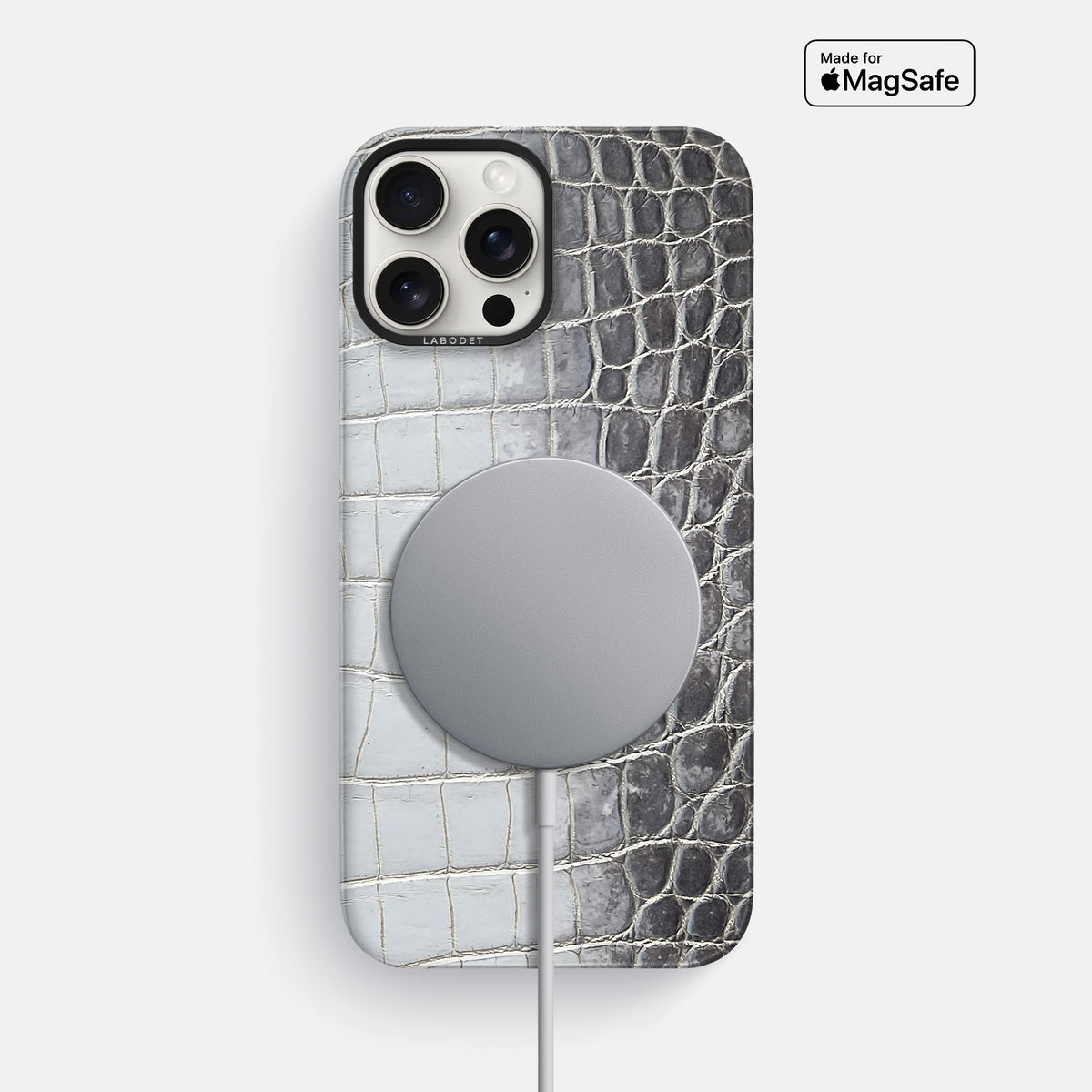 Silver iPhone 16 Pro Classic Case Himalayan Crocodile with Black Metal -4 | Silver-Black