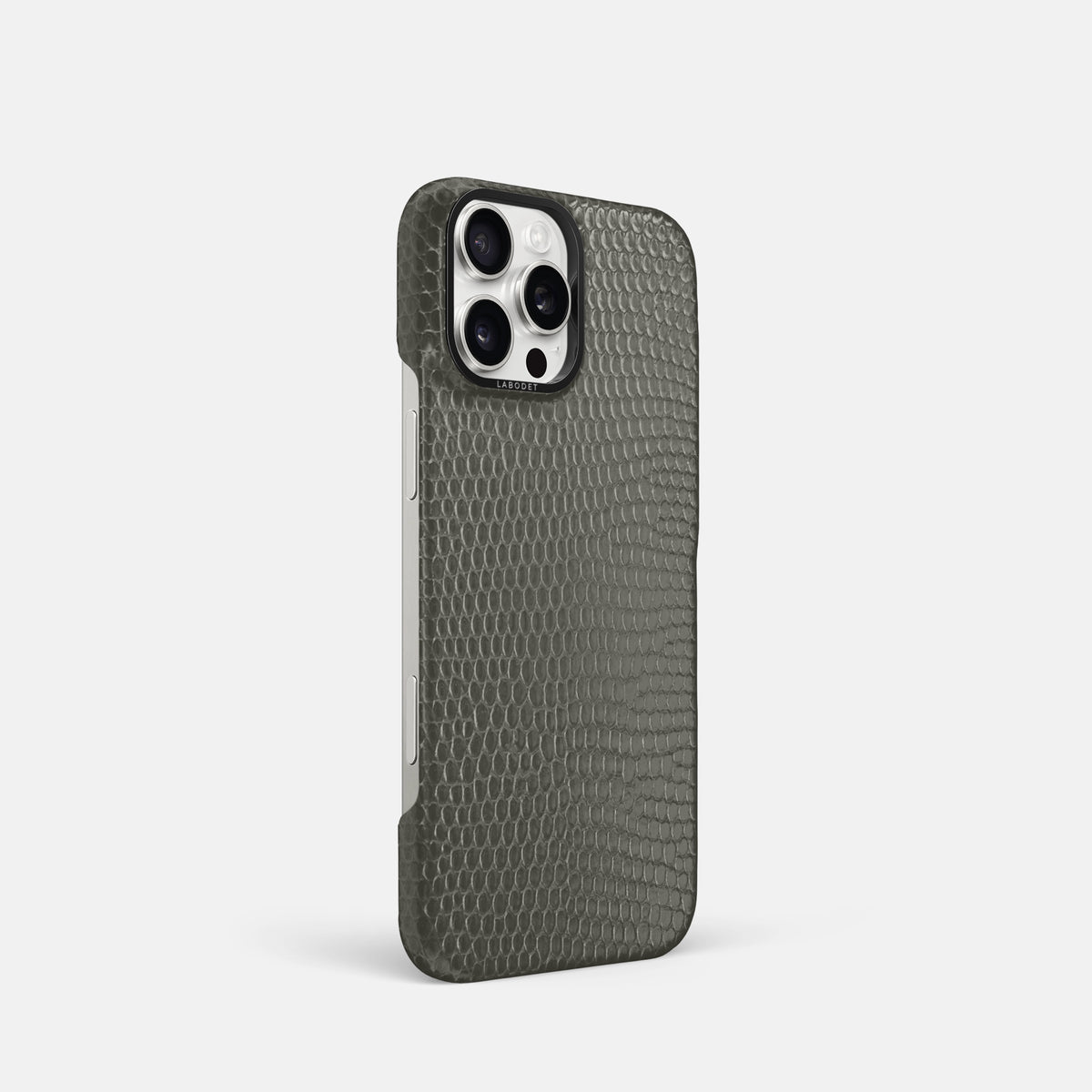 Grey iPhone 16 Pro Classic Case Lizard with Black Metal -2 | Grey-Black