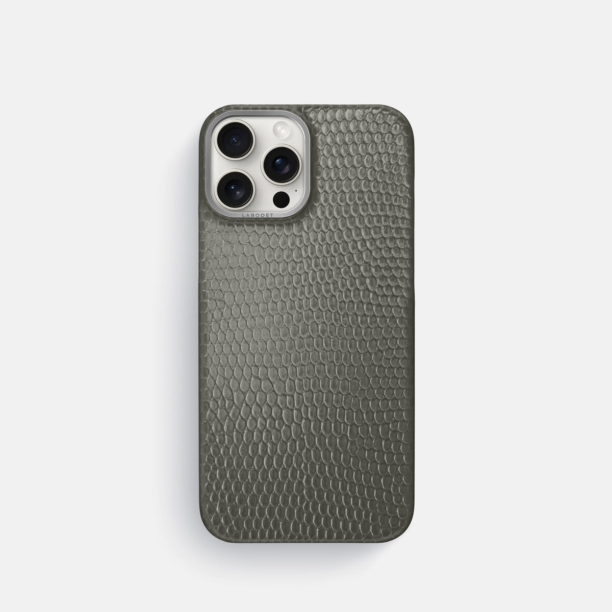 Grey iPhone 16 Pro Classic Case Lizard with Steel Metal -1 | Grey-Steel