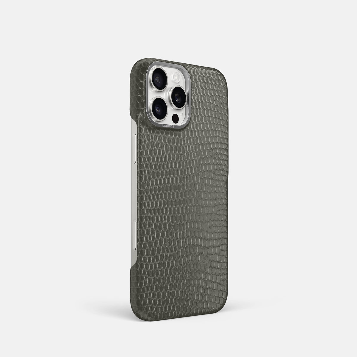 Grey iPhone 16 Pro Classic Case Lizard with Steel Metal -2 | Grey-Steel